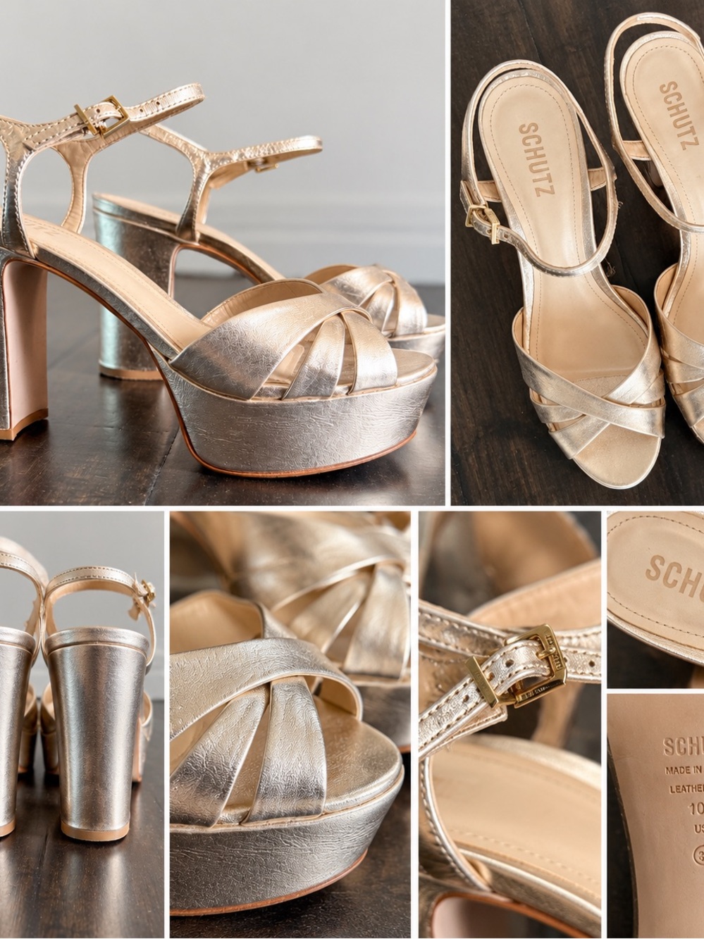 SCHUTZ Metallic Gold Platform Sandals Heels Size 10B / 41
